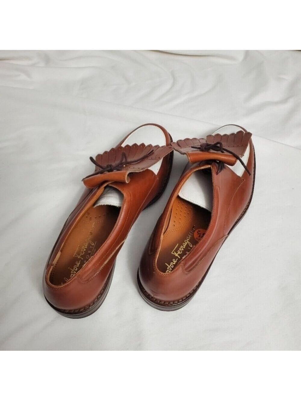 Salvatore Ferragamo Vintage Leather Kiltie Golf Shoes Tan & White - Picture 5 of 12